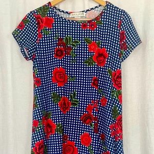 (2/$15) Red and blue plaid Floral Swing Dress sz medium